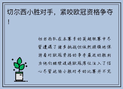切尔西小胜对手，紧咬欧冠资格争夺！
